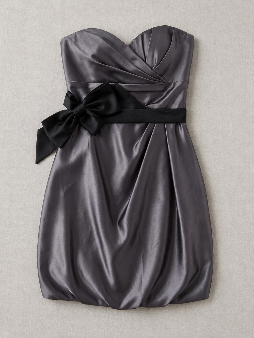 Love Strapless Satin Cocktail/Bridesmaid Dress in Gray with Black Bow